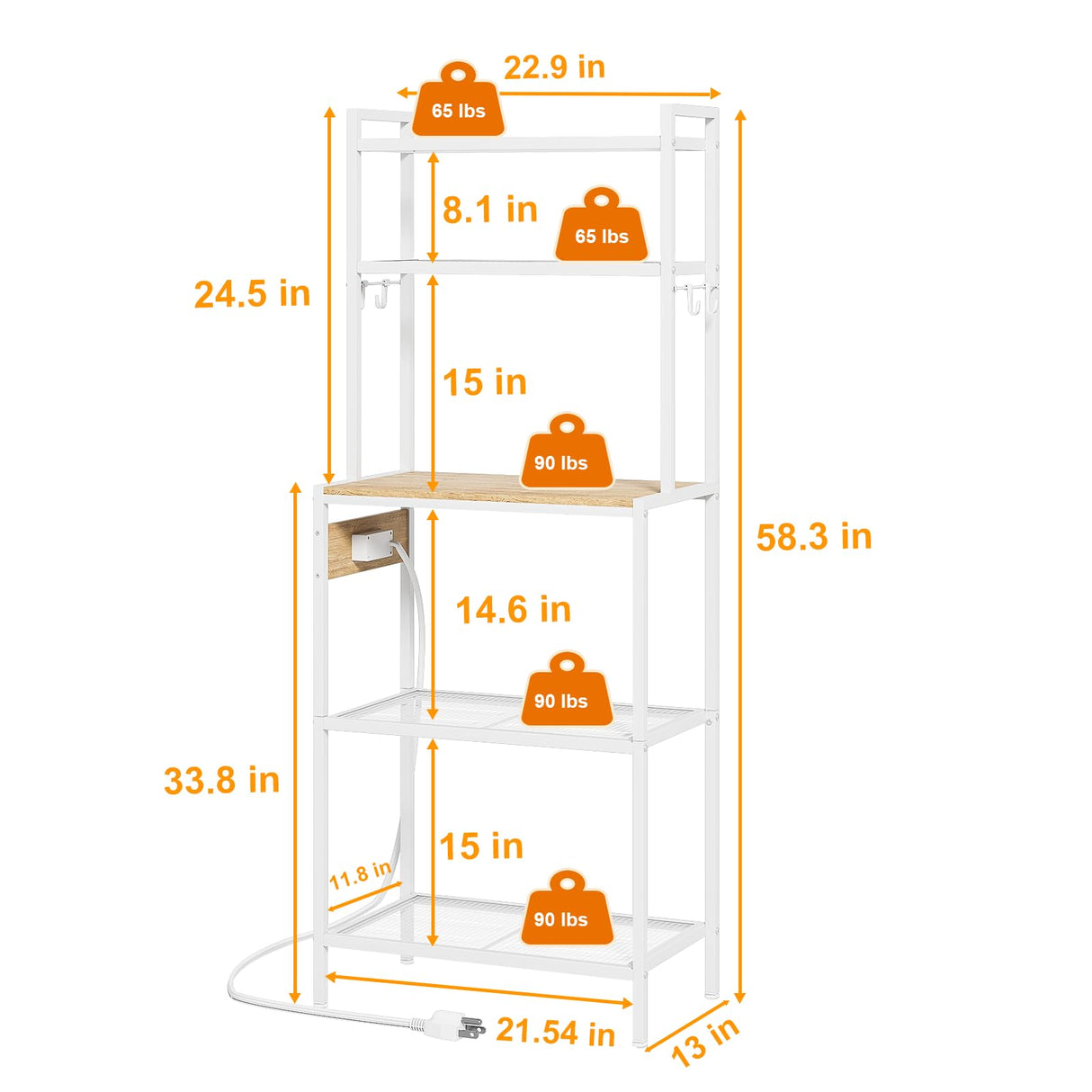 Roxibelt S1 Kitchen Bakers Rack with Power Outlet,Microwave Stand with Storage 5-Tiers,Freestanding Coffee Bar Table with 4 Adjustable Hooks,Kitchen Storage Shelf 13" D x 22.9" W x 58.3" H,Beige White Roxibelt