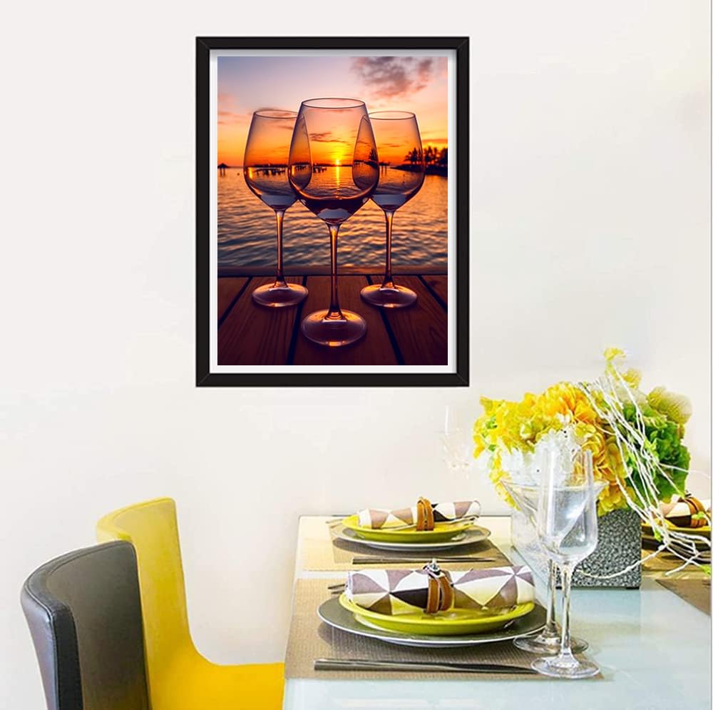 F-CANLAN Round Full Drill Diamond Painting Kit, 5D Sunset Wine Glass Diamond Painting Wine Glass Diamond Dots Arts Crafts Set Adult Children Ocean Rhinestone Diamond Art Room Decor (12X16 inches) F-CANLAN