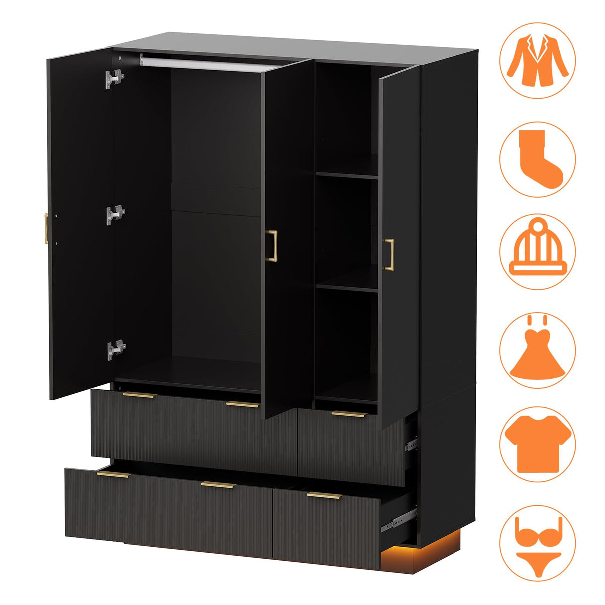 PAKASEPT Large Wardrobe Closet, Armoire Closet with Door and Mirror, LED Lights, Hanging Rod, Drawers, Armoires and Wardrobes for Bedroom (Black) PAKASEPT