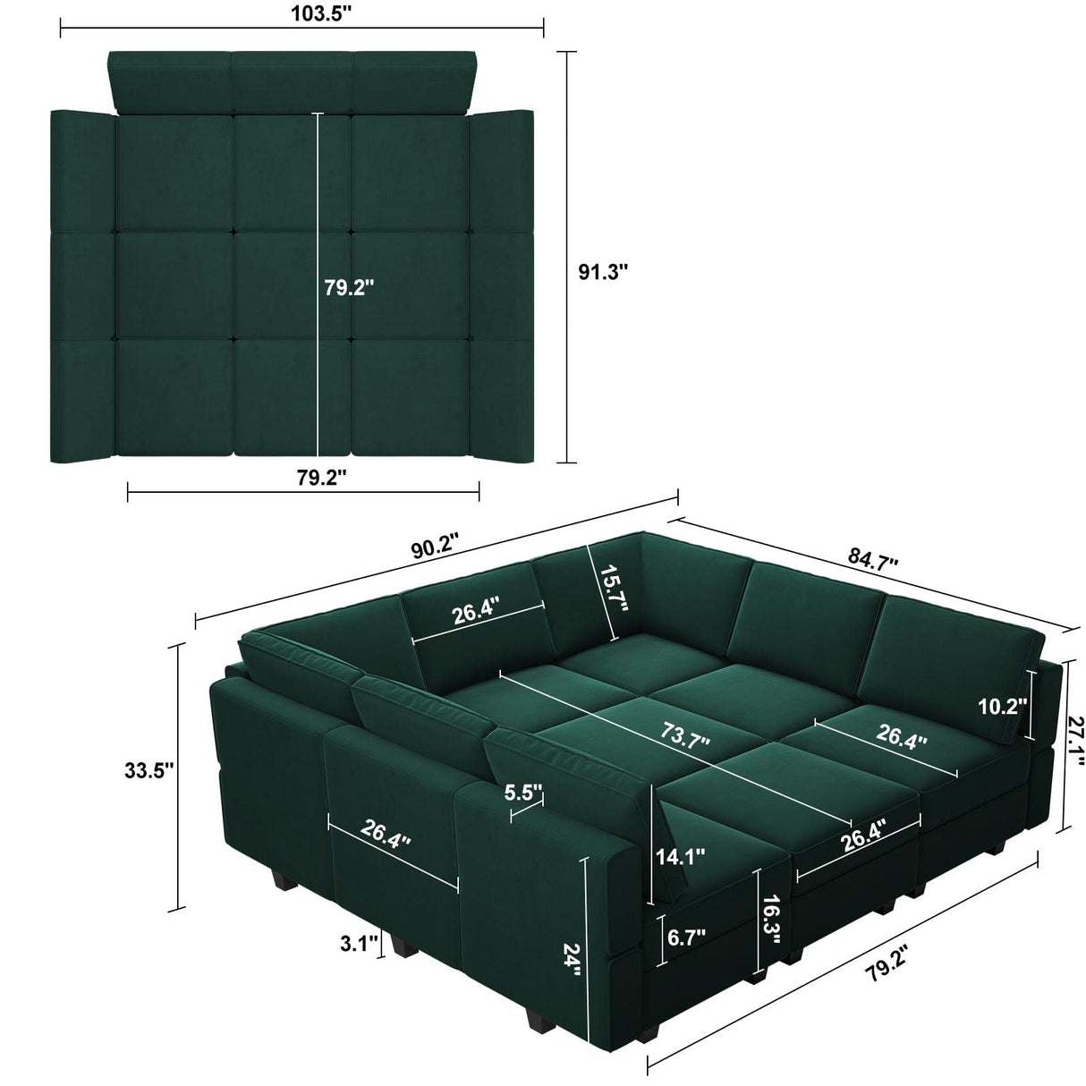 Belffin Modular Sectional Sofa with Ottomans Velvet Reversible Sleeper Sectional Sofa with Chaise Modular Sleeper Sofa Bed with Storage Seat Green Belffin
