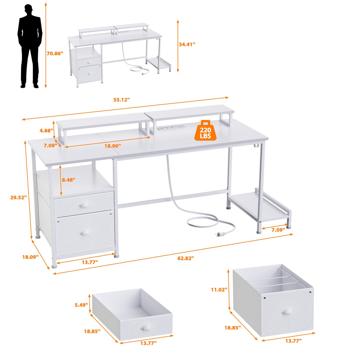 Furologee White Computer Desk with Drawer and Power Outlets, 55" Large Gaming Desk with Fabric File Cabinet and 2 Movable Monitor Shelves, Writing Table with CPU Stand and 2 Hooks for Home Office Furologee