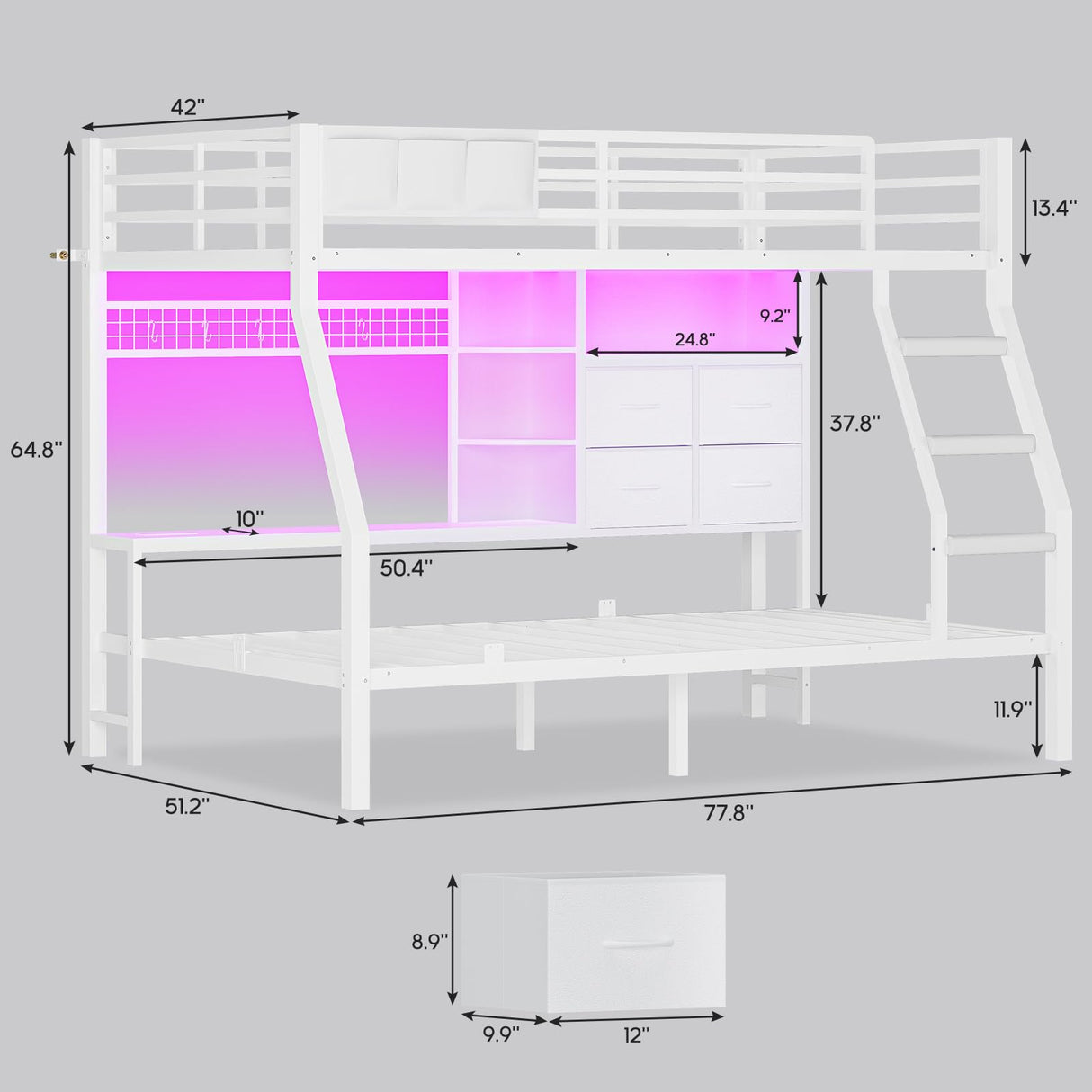 BTHFST Bunk Bed Twin Over Twin with 4 Storage Drawers & Shelves & Bedside Caddy, Twin Bunk Beds with Charging Station & Led Lights, Metal Bunk Bed with Safety Guardrail & Angled Ladder for Kids, White BTHFST