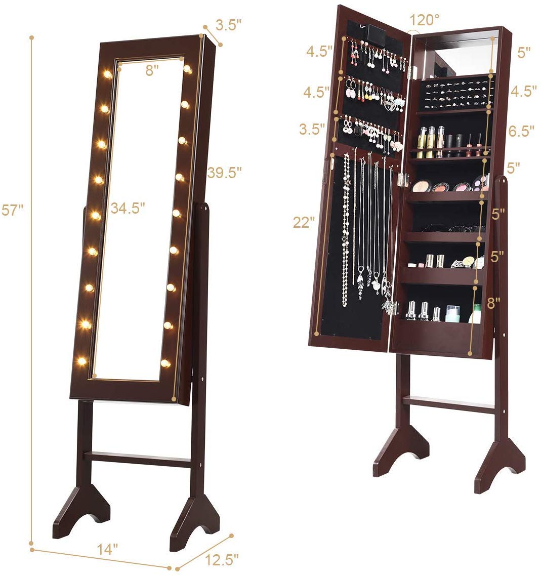 Giantex Standing Jewelry Armoire with 18 LED Lights Around the Door, Large Storage Mirrored Jewelry Cabinet with Full Length Mirror, 16 Lipstick Holders, 1 Inside Makeup Mirror (Brown) Giantex