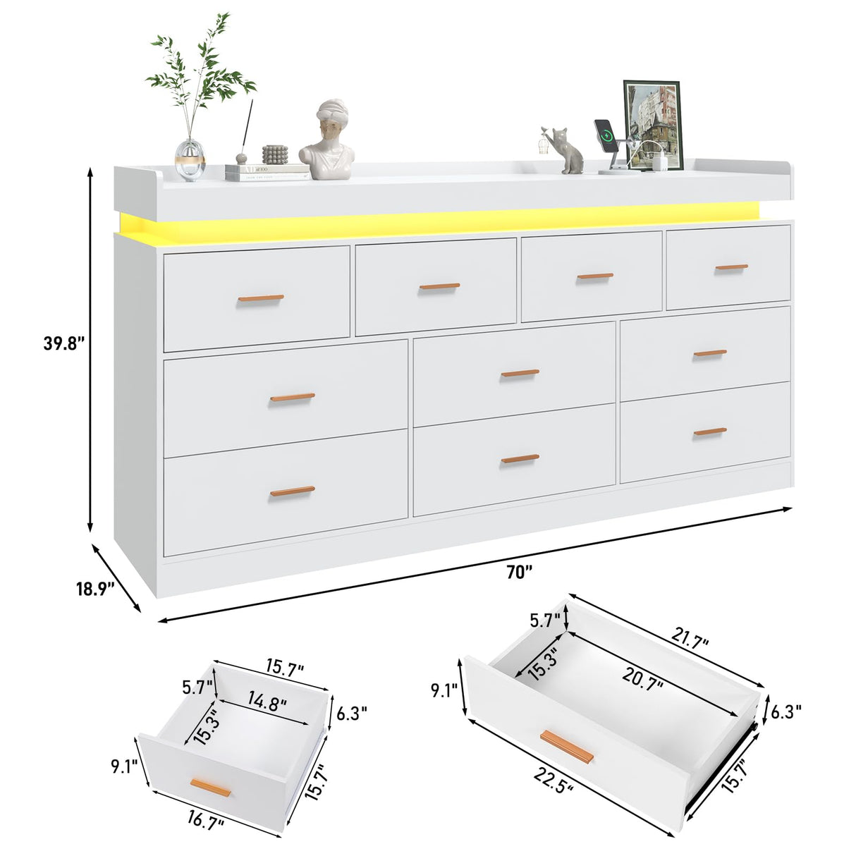 jiteentarou 10 Drawer Dresser with Charging Station and LED Lights, Modern Chest of Drawers with Power Outlet, Organizer Cabinet for, Living Room, Entryway, White jiteentarou