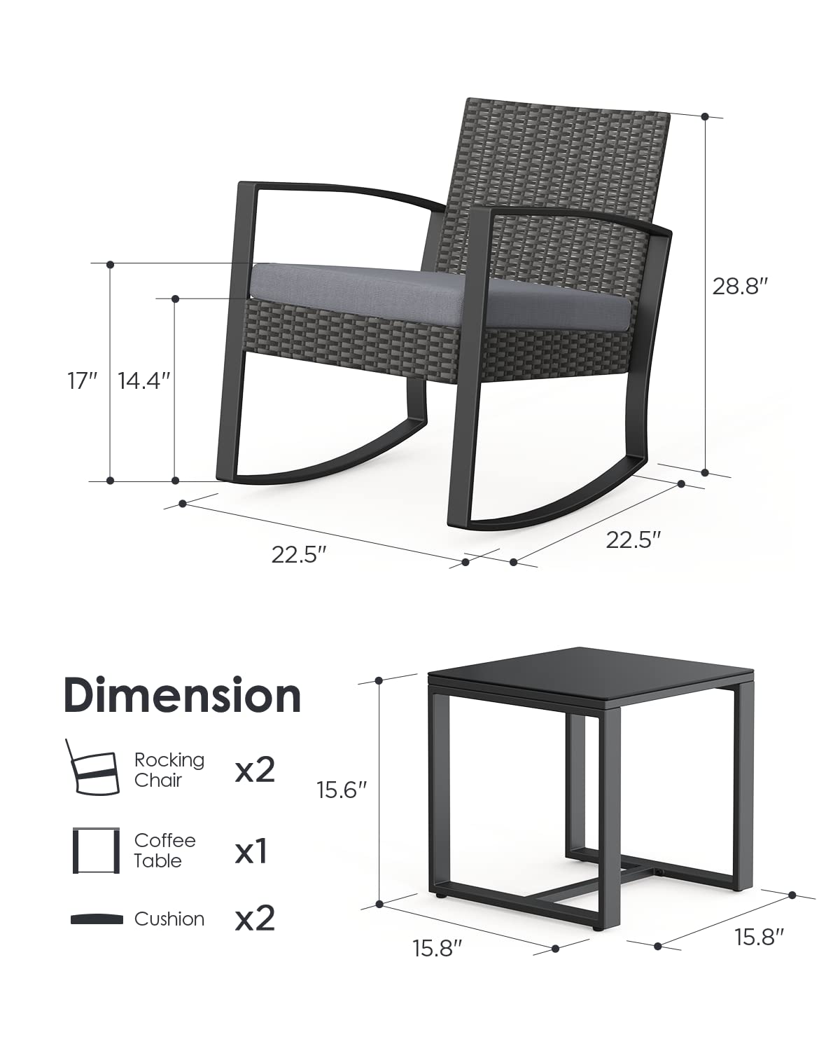 Noelse 3 Piece Wicker Patio Furniture Set, Outdoor Rocking Chairs, Outdoor Furniture with Table & Cushions, Patio Chairs Balcony Porch Furniture, Gray Noelse