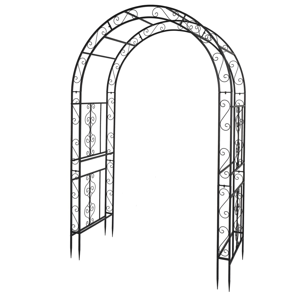 Outvita 7FT Garden Arch Arbor, Heavy Duty Metal Arbour Archway, Decorative Frame Stand Trellis with 7 Inch Ground Stakes for Wedding Ceremony Party Plant Climbing Rose Vines Lawn Courtyard Patio Black Outvita