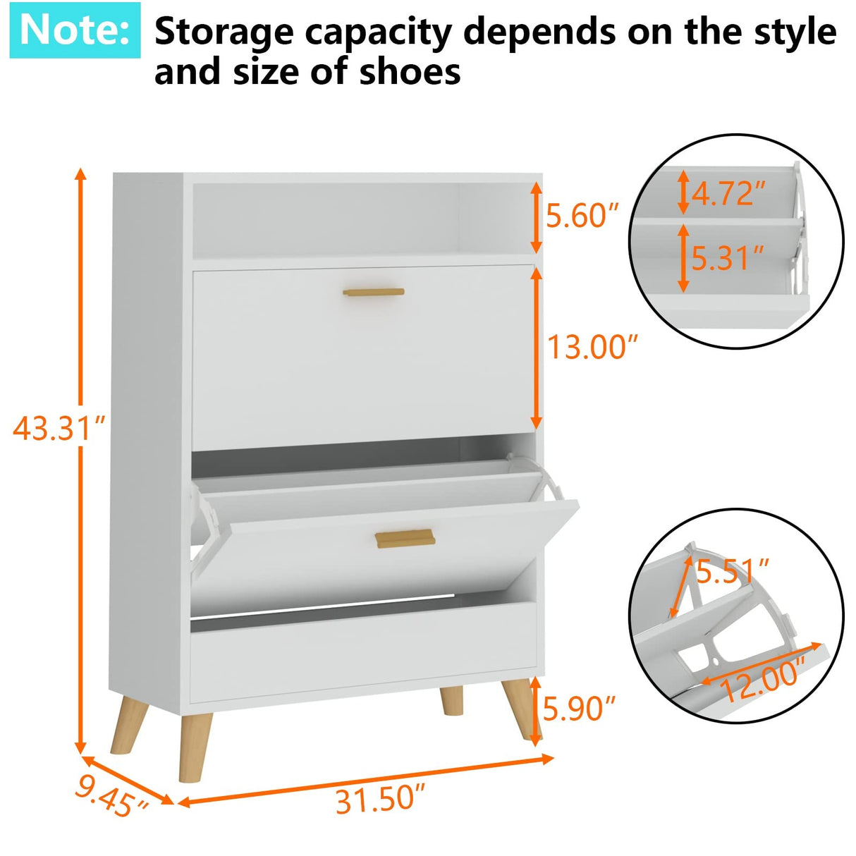 Gyfimoie Shoe Storage Cabinets, Free Standing Shoe Organizer with 2 Flip Drawers for Entryway, Narrow 3 Tier Entryway Hidden Shoe Rack with Doors (Off White) Gyfimoie