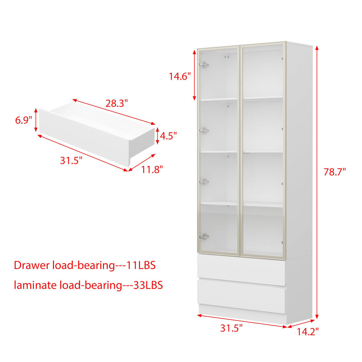 WOODTIME 78.7" H Display Storage Cabinet with Tempered Glass Doors & 3-Color Light, Wooden Curio Cabinet Bookcase Bookshelf with 4-Tier Shelves & 2 Drawers for Home Office Living Room Salon, White WOODTIME