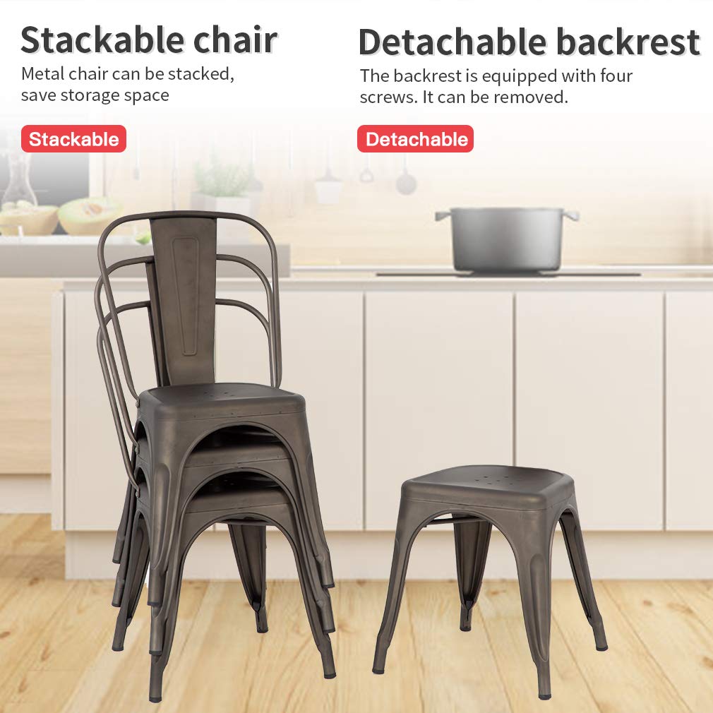 FDW | Set of 4 Metal Dining Chairs | Bronze | Stackable Tolix Side Chairs with Backrest | Scratch-Resistant | Non-Slip Feet | Indoor/Outdoor Use | 330 lbs Capacity | Ideal for Kitchen & Restaurant FDW