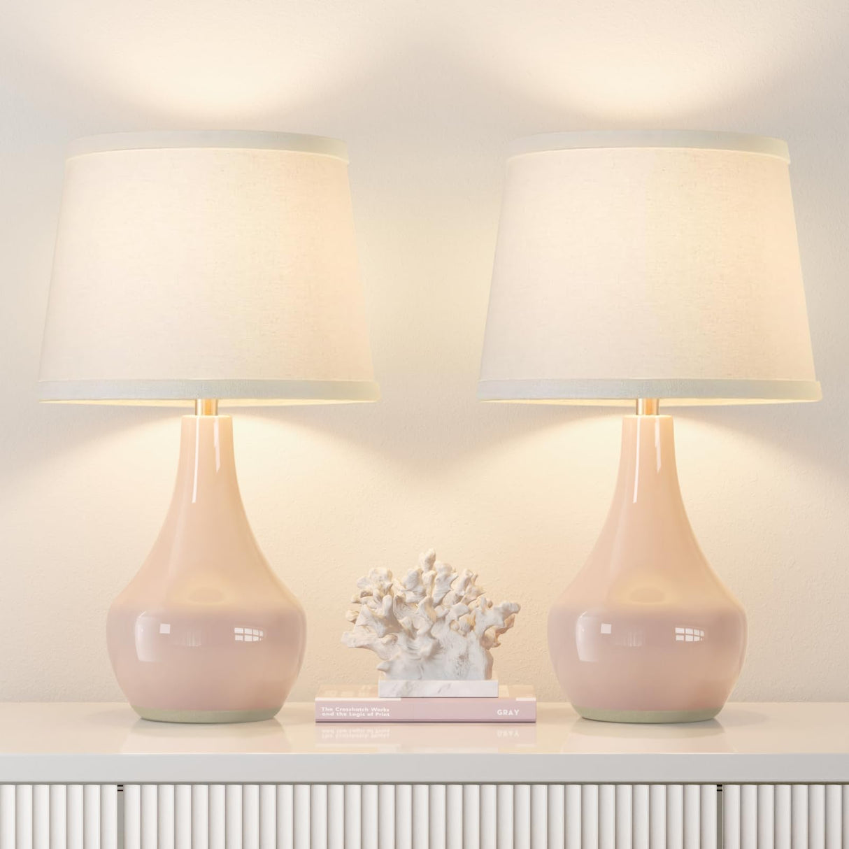Seealle 19.4" Modern Ceramic Table Lamps for Night Stands - Bedside Lamps Set of 2 for Nightstand, Pink Bedroom Lamp for Living Room Cute Desk End Table Office Guest Room Dresser Rocker Swtich Seealle