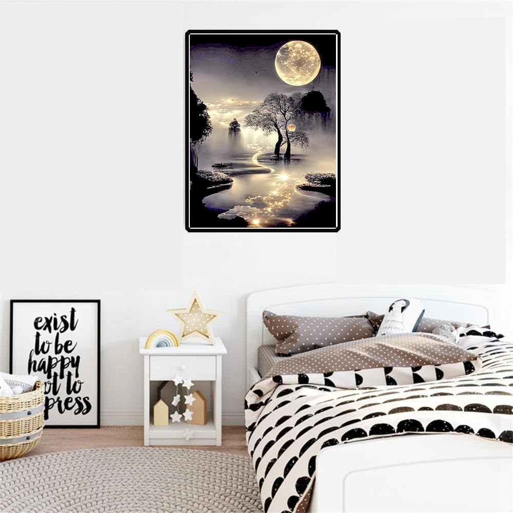 mrpwnle Diamond Painting Kits for Adults Beginners,Moon Diamond Art Kits for Adults,5D Moonlight Landscape Diamond Painting Kits DIY Diamond Art Dots Crafts Kits,Home Wall Decor Gifts 12x16in mrpwnle