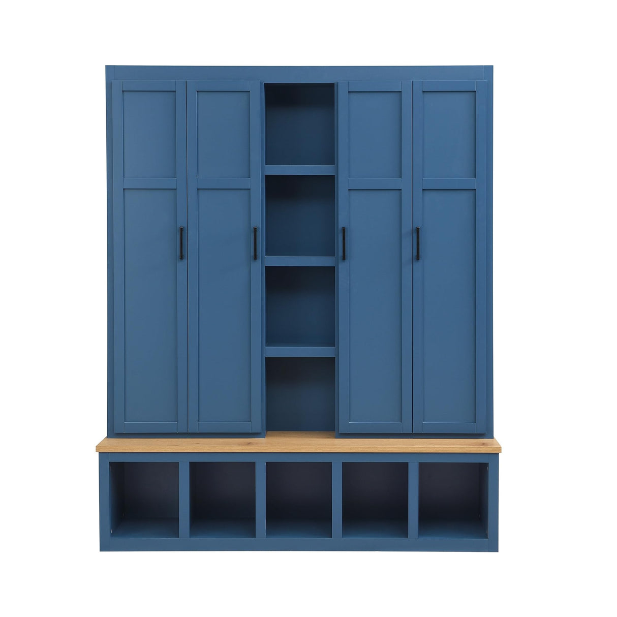 Merax Modern Farmhouse Hall Tree with Bench, 4-in-1 Entryway Storage Cabinet & Shoe Organizer with Hooks, Blue Merax