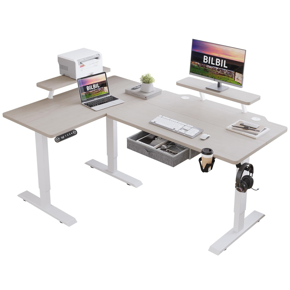 bilbil L Shaped Electric Standing Desk with Drawer, 62x47 Inches Adjustable Height Sit Stand Up Desk with Storage Shelf, Pale Pearwood Top/White Frame bilbil