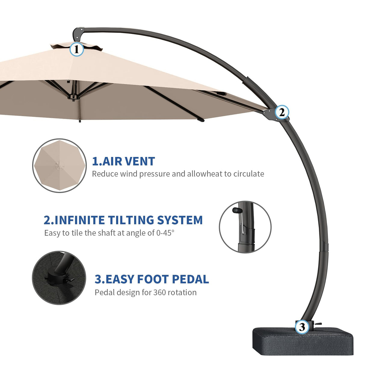 AreShark 7-Piece Patio Dining Set with 11 FT Curvy Cantilever Umbrella, HDPE Tabletop & Aluminum Frame All-Weather Outdoor Furniture for Garden, Backyard, Poolside, Gray AreShark