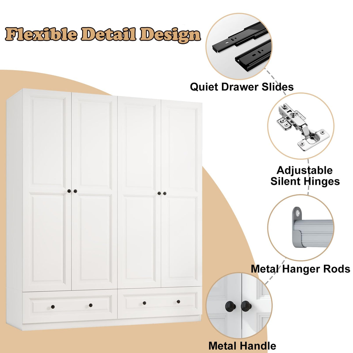 Vrmuxita Armoire Wardrobe Closet with Drawers: 74" White Tall Wooden Wardrobe Closet for Hanging Clothes, Large Bedroom Armoires with 2 Drawers, 4 Door Armoire Storage Cabinet (White, 63") Vrmuxita