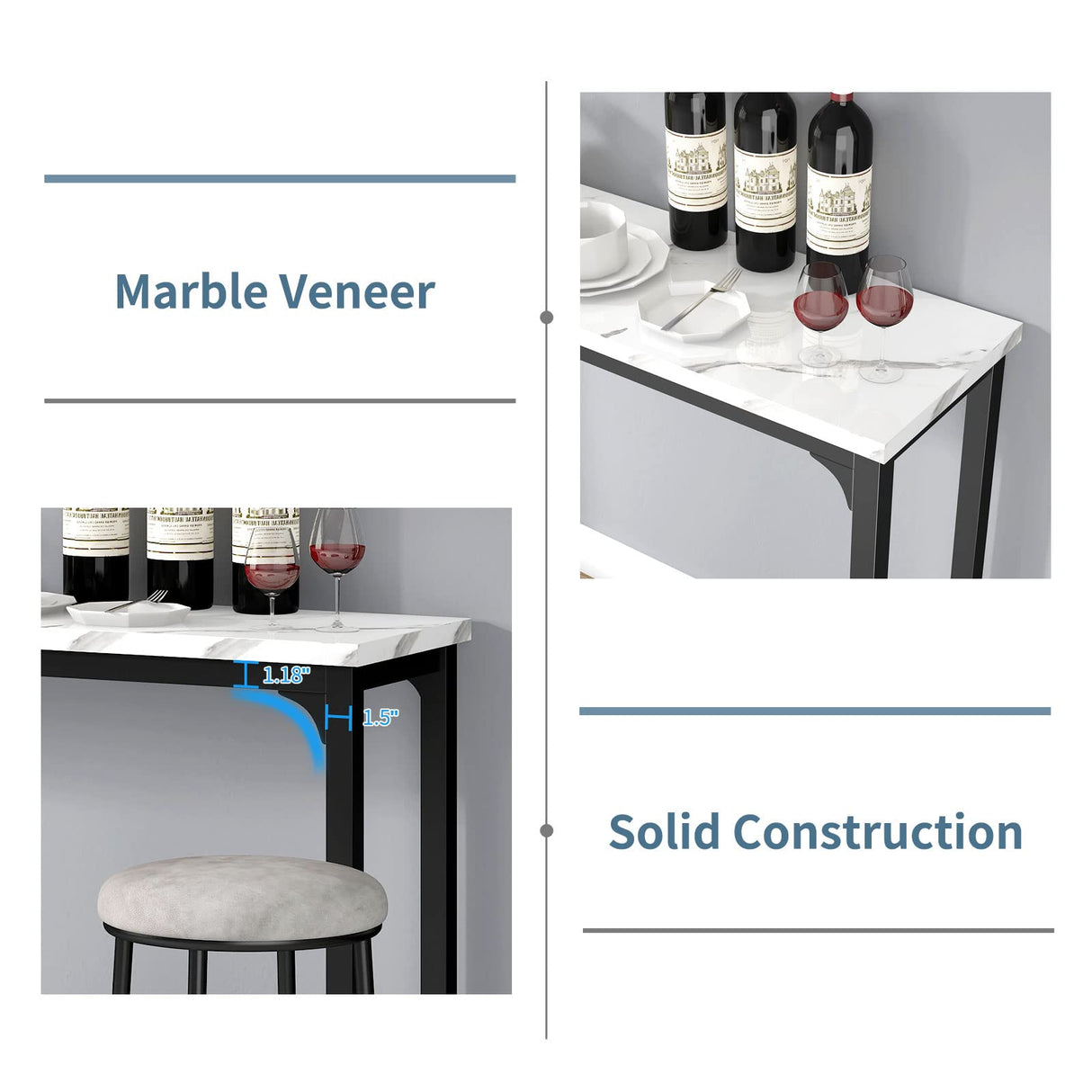 HOMYSHOPY 4-Piece Bar Table Set with 3 Stools – Modern White Marble & Black Steel Console for Small Spaces HOMYSHOPY