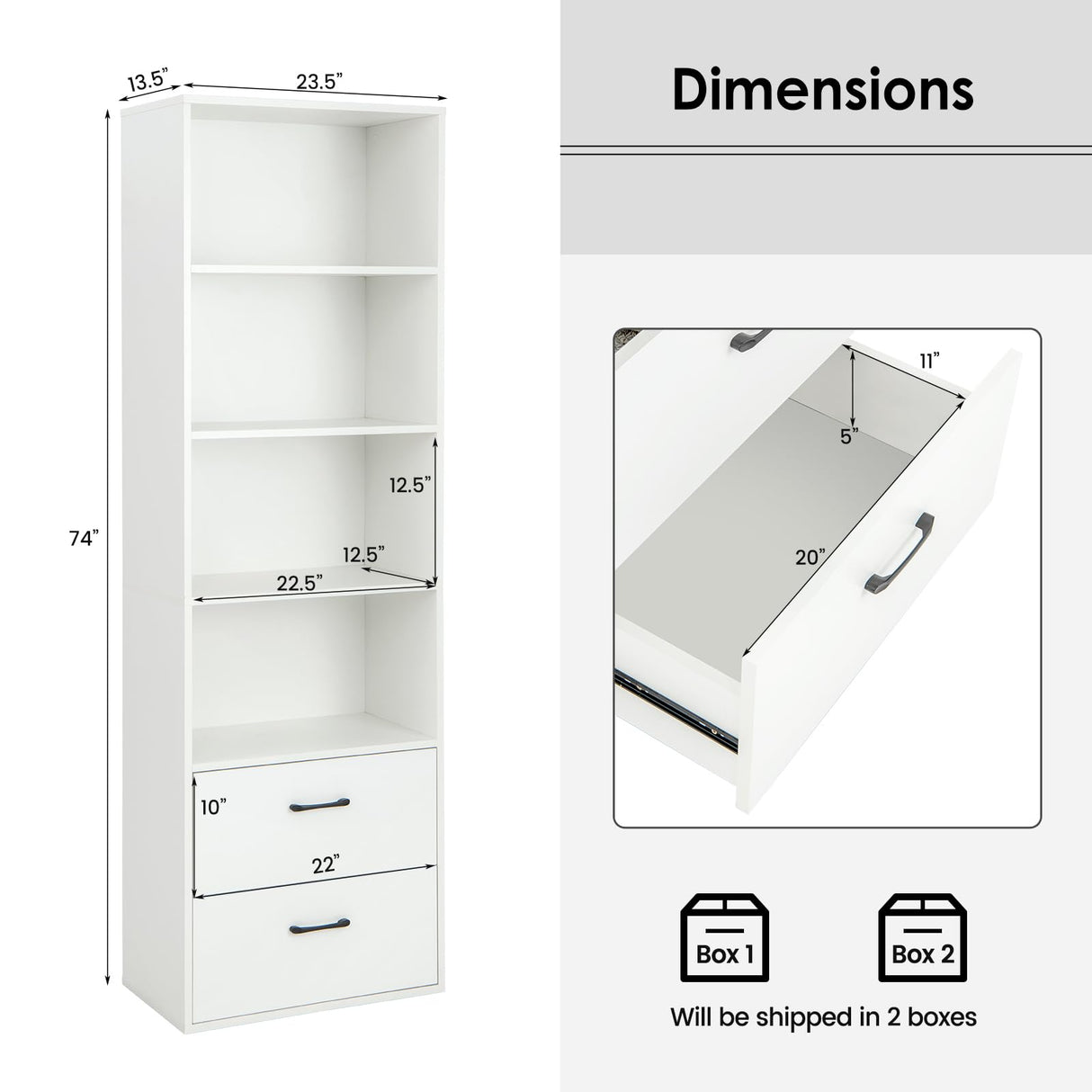 LOKO Modern 74-Inch Tall Bookcase with 2 Drawers & 4 Open Shelves in White LOKO