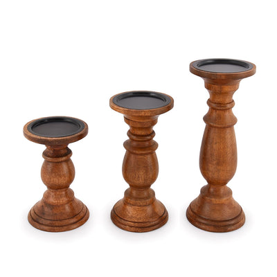 EDHAS Natural Round Turned Candle Holders for Pillar Candles Set of 3 Vintage Style Mango Wood Candle Holder for Centerpiece for Dining, Living Room