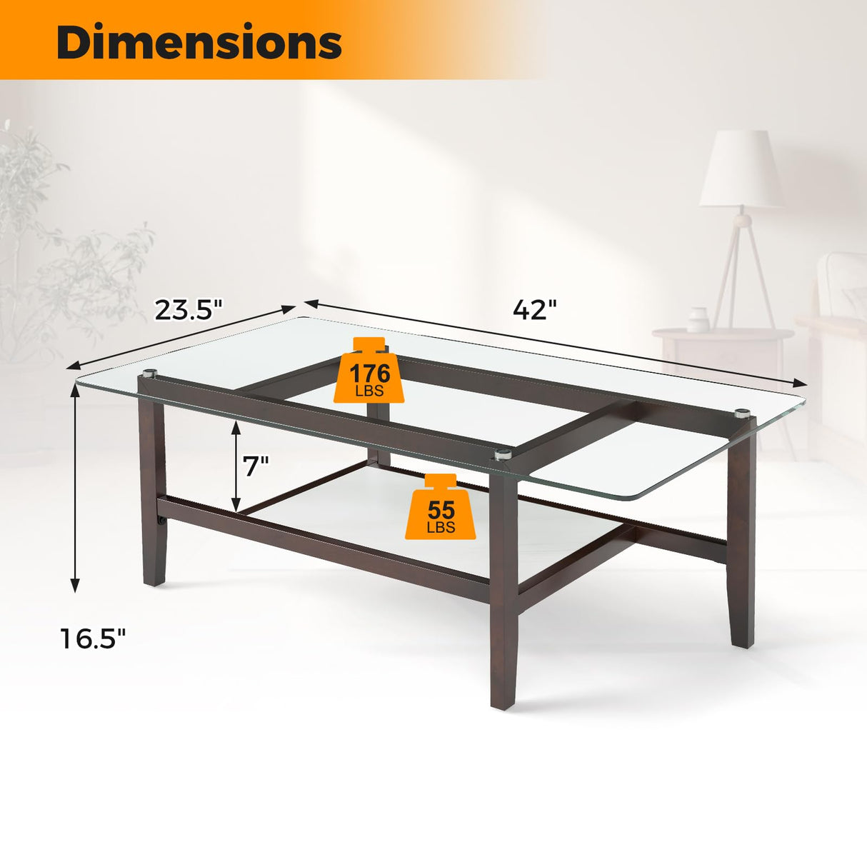 Tangkula Glass Coffee Table, 42” 2-Tier Rectangular Center Table with Storage Shelf & Solid Rubber Wood Legs, Modern Cocktail Table for Living Room, Home Office (Brown, 42" x 23.5") Tangkula