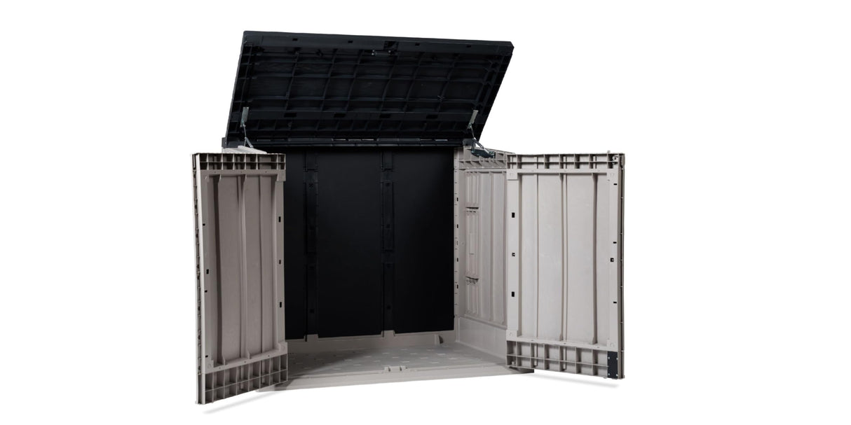 Toomax Stora Way All Weather Outdoor XL Horizontal Storage Shed Cabinet for Trash Can, Garden Tools, and Yard Equipment, Taupe Gray and Anthracite Toomax