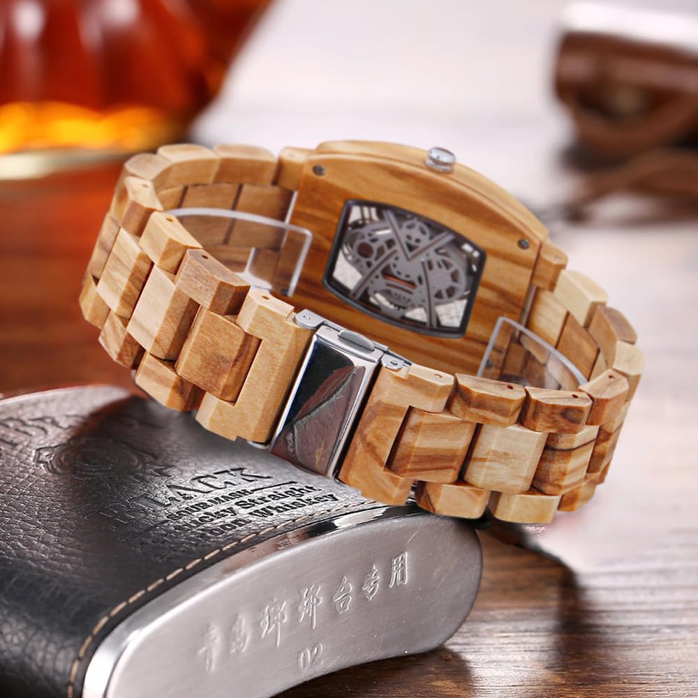 Dentily Elegant Mens 40mm Hollow Wooden Case Watch Quartz Analog Wood Watch for Dad,Husband and Boyfriend Dentily