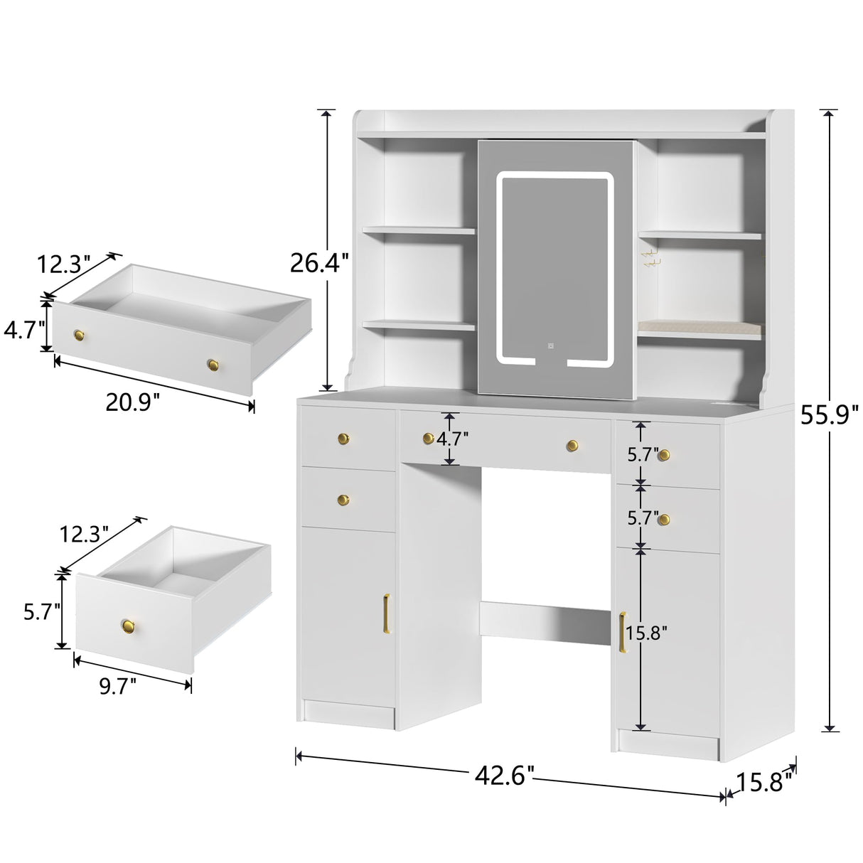 HUAHUU Vanity Desk with Mirror and Lights, Vanity Desk with Sliding LED Mirror, Makeup Vanity with Adjustable 3 Lights Modes, White Vanity with 5 Drawers & 2 Storage Cabinet, for Bedroom HUAHUU