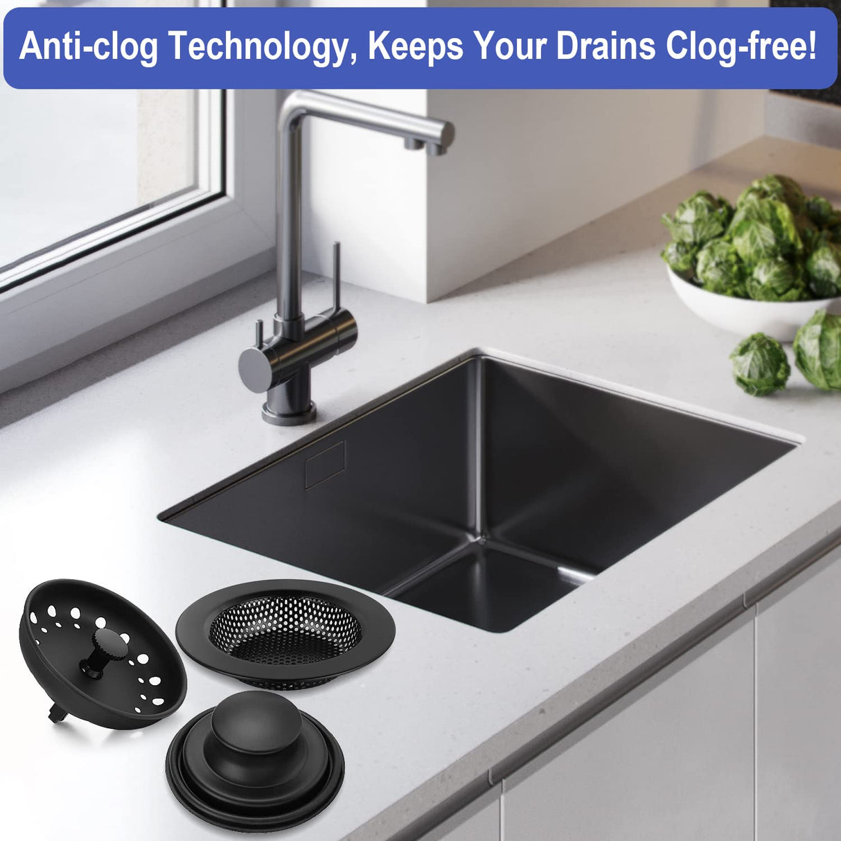 Kitchen Sink Drain Strainer 3 Pack Stainless Steel Sink Stopper, Anti-Clogging Kitchen Sink Drain Basket for Kitchen Sink Strainer Replacement Set Carry360