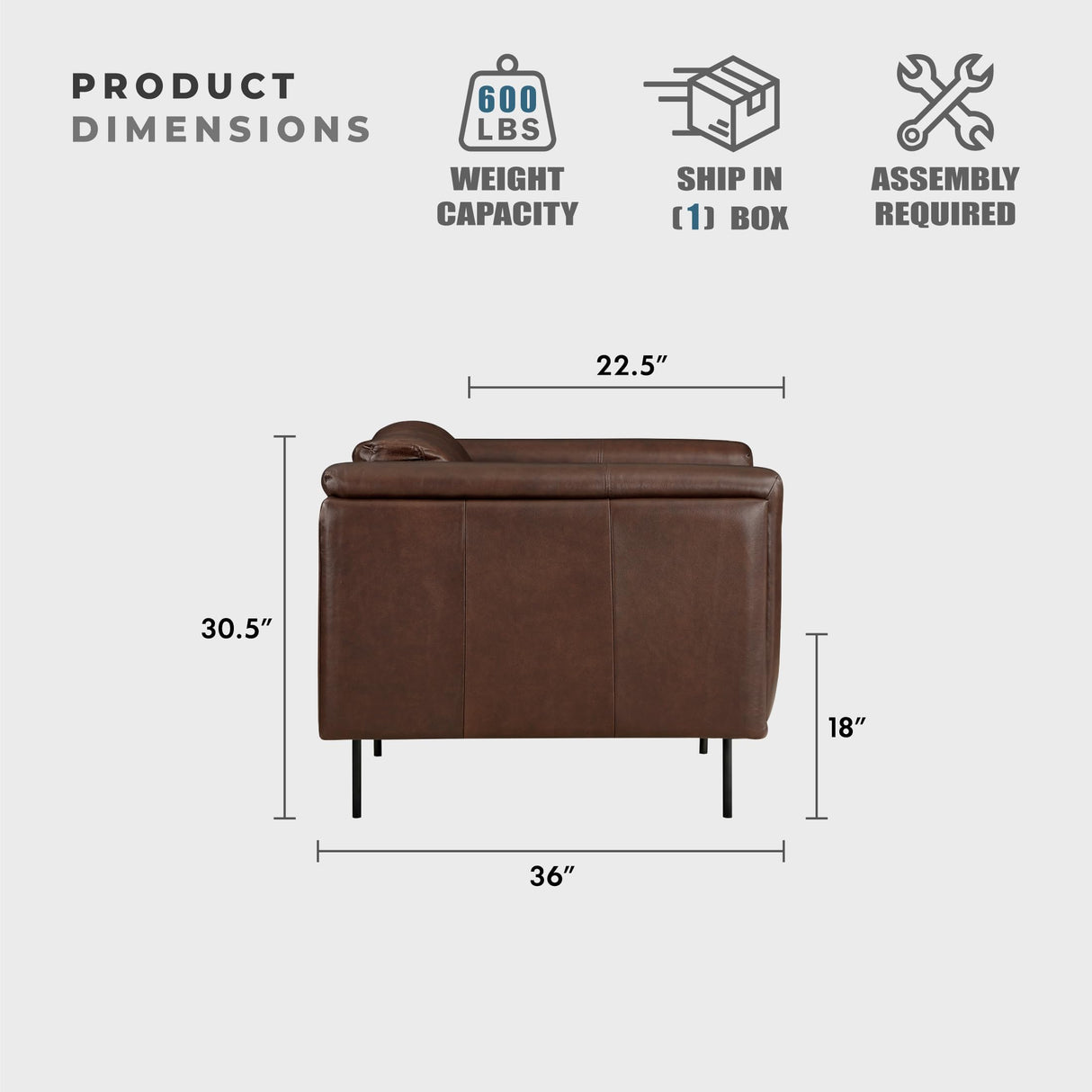 Lexicon Leather Loveseat Sofa, Top Grain Leather Sofa, Modern Couch, Oversized Sofa with Solid Wood Frame and Metal Legs, Couch Leather Sofas for Living Room, Bedroom, Office, 2-Seater Loveseat, Brown Lexicon