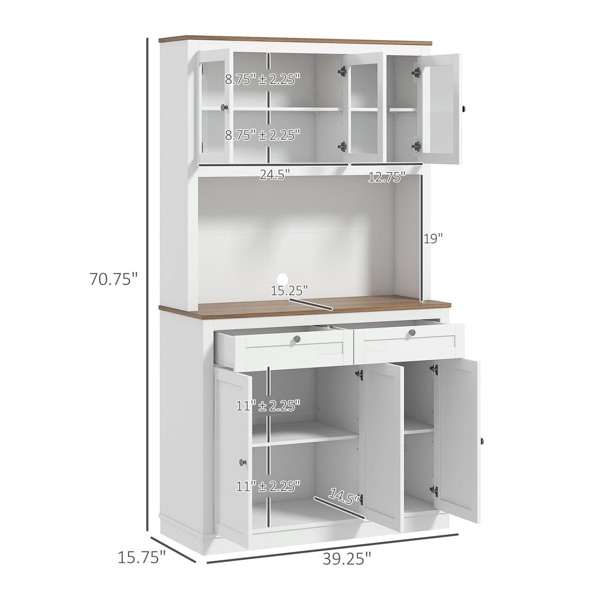 HOMCOM 71" Kitchen Pantry Cabinet, Freestanding Kitchen Hutch with Microwave Stand, 2 Drawers and Adjustable Shelves, Bar Cabinet with Glass and Recessed Doors for Dining Room, White HOMCOM