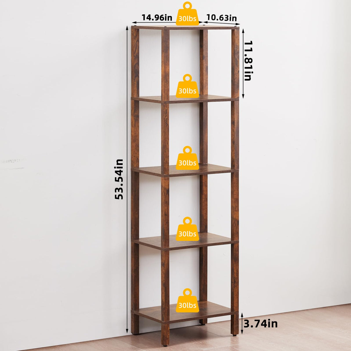 YUFAM 54in Tall Bookshelf 5-Tier Small Narrow Bookcase, Skinny Book Shelf for Small Space, Farmhouse Slim Shelf with Storage, Wood Freestanding Display Thin Bookshelves for Living Room, Office, Brown YUFAM
