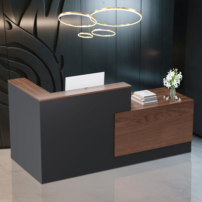 L-Shaped Modern Large Wooden Commercial Reception Desk with Counter & Shelves, Front Reception Desk Counter Table with Storage, Drawers for Offices,Home (Brown + Black, Right - 84''L x 34''W x 41''H)