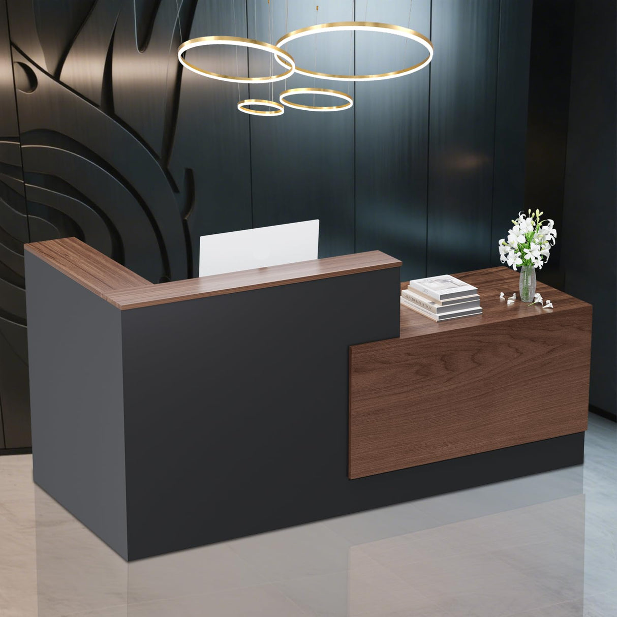 kaiwrxin L-Shaped Modern Reception Desk with Counter & Storage - 84" Large Office Front Desk, Salon Checkout Counter with Lockable Cabinets, Shelves (Brown & Black, Left - 84''L x 34''W x 41''H) kaiwrxin