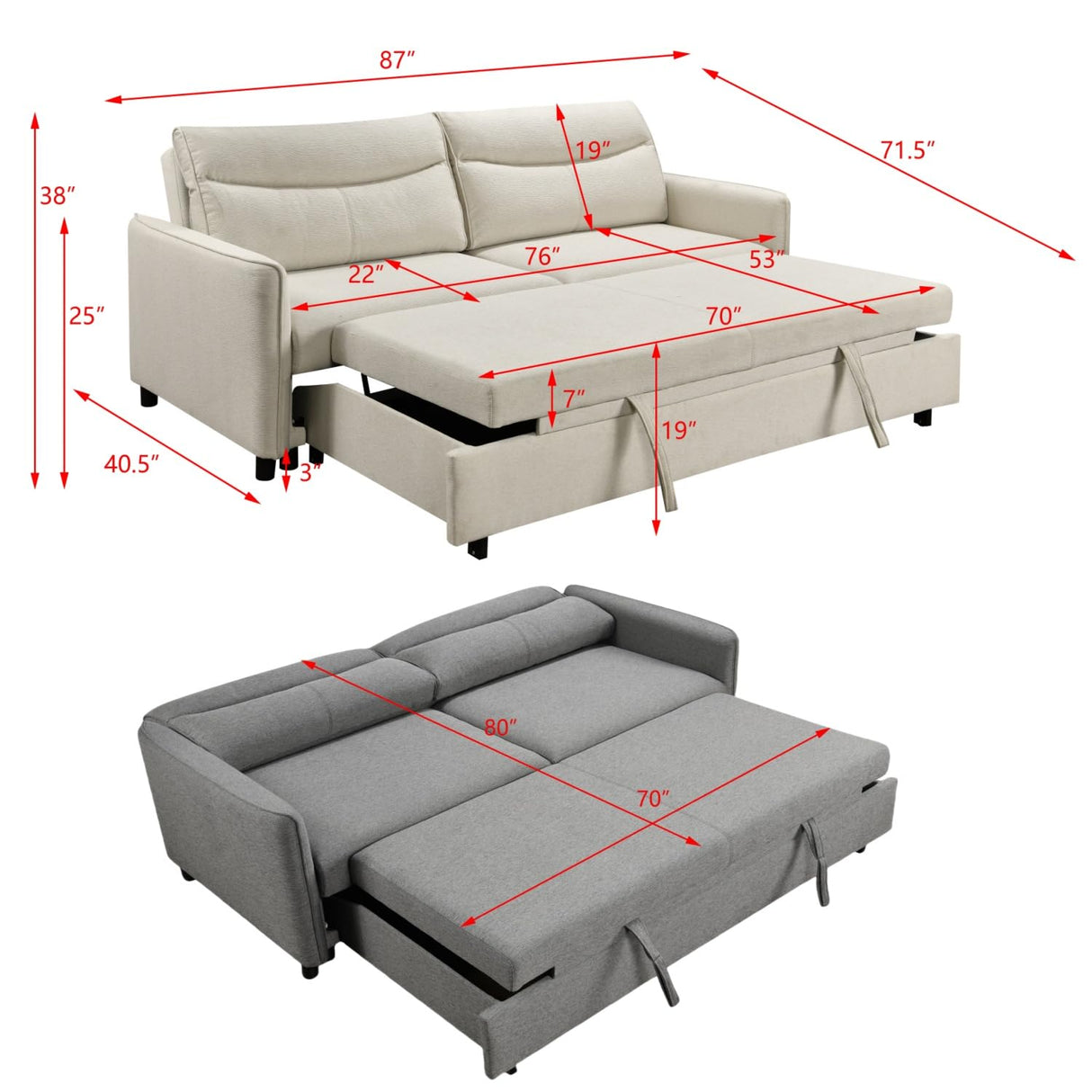 THSUPER 87-Inch King Size Convertible Sleeper Sofa Bed, Comfortable Pull-Out Futon Loveseat for RV Small Spaces, Hide-A-Bed Fold Out Couch - Beige THSUPER