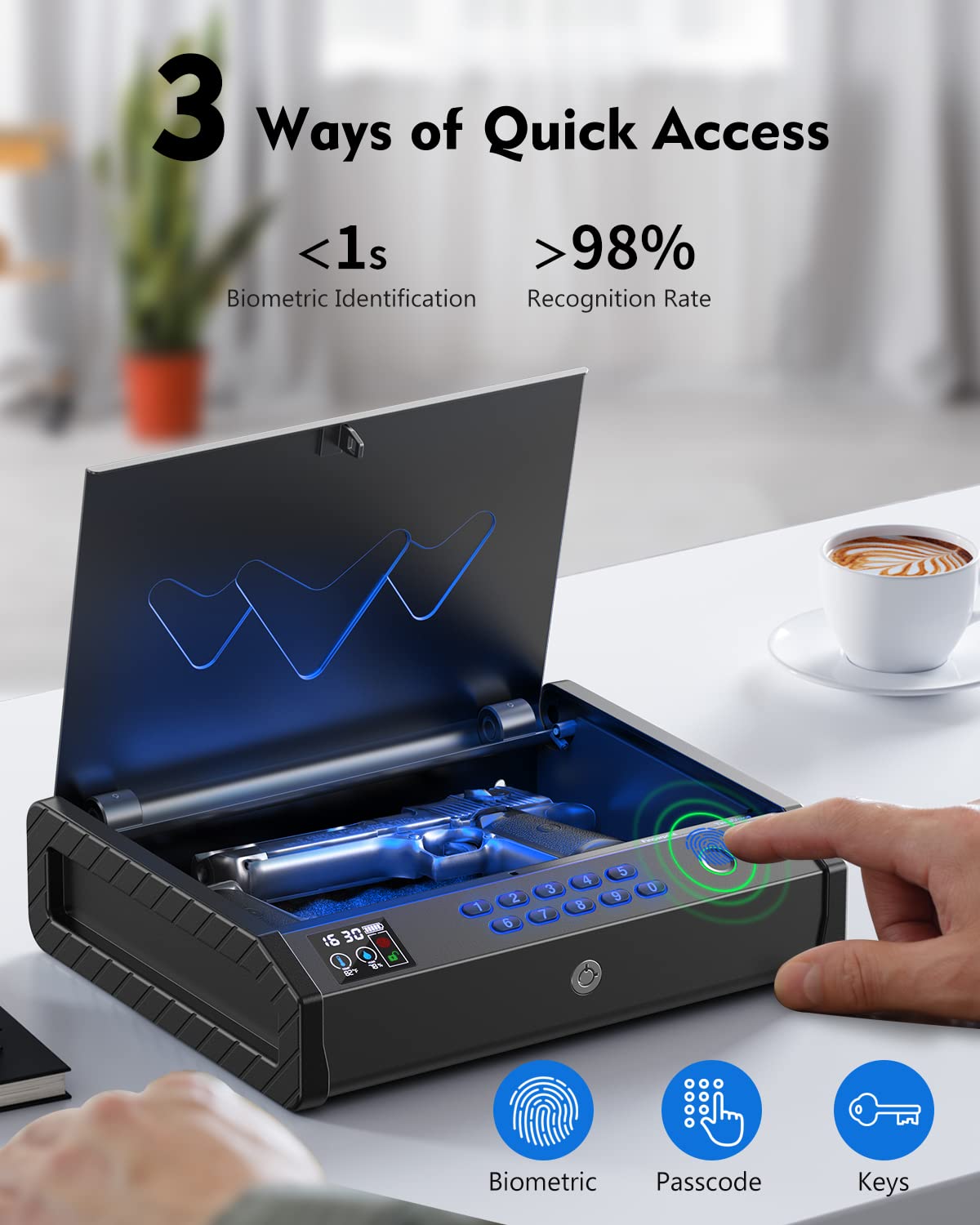 HOLEWOR Gun Safe, Biometric Gun Safes for Pistols with LCD Display of Temperature Humidity, Fingerprint Quick Access Pistol Safe Solid Handgun Safe with USB C Port HOLEWOR