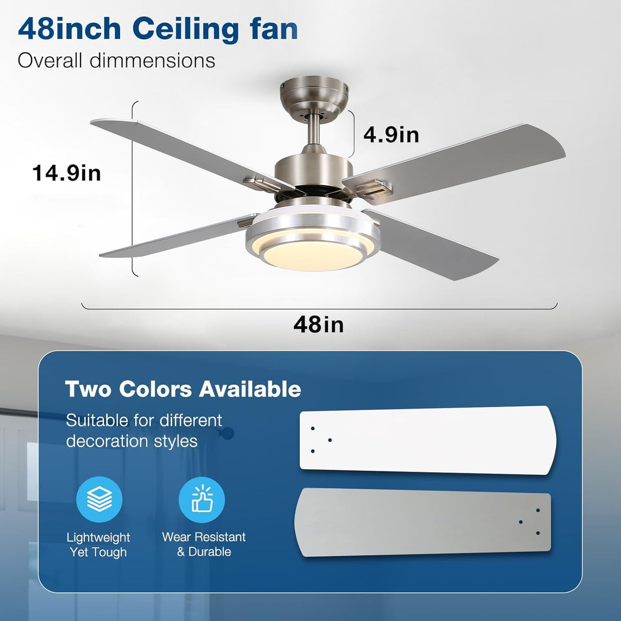 FINXIN Indoor Ceiling Fan Light Fixtures Remote LED 48 Brushed Nickel Ceiling Fans for Bedroom,Living Room,Dining Room Including Motor,Remote Switch (48" 4-Blades) FINXIN