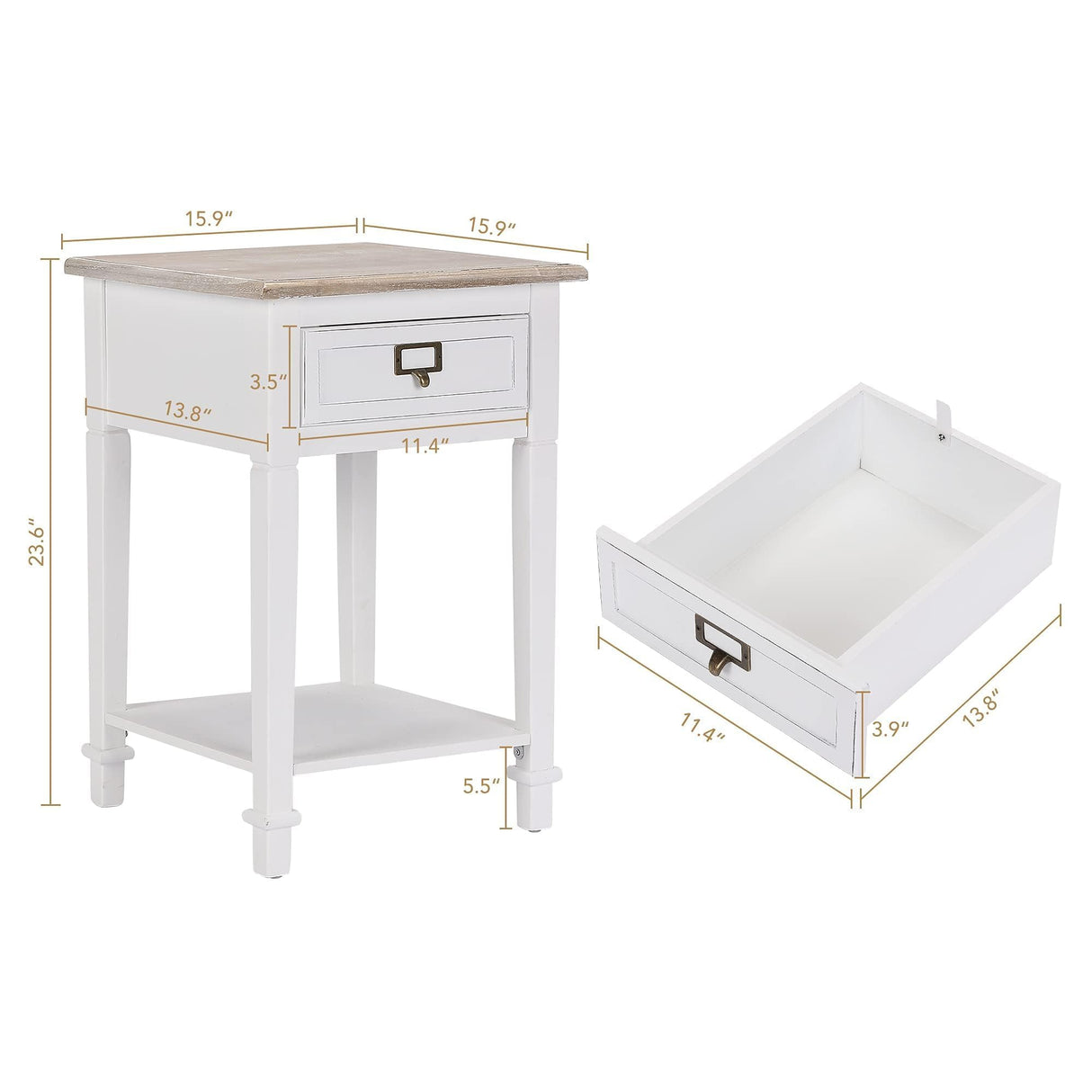 Wnutrees Rustic Farmhouse Accent End Table, Nightstand Side Tables with Drawers and Open Storage Shelf for Living Room Bedroom, Wooden Top, Handcrafted Finish, Set of 2, White Wnutrees