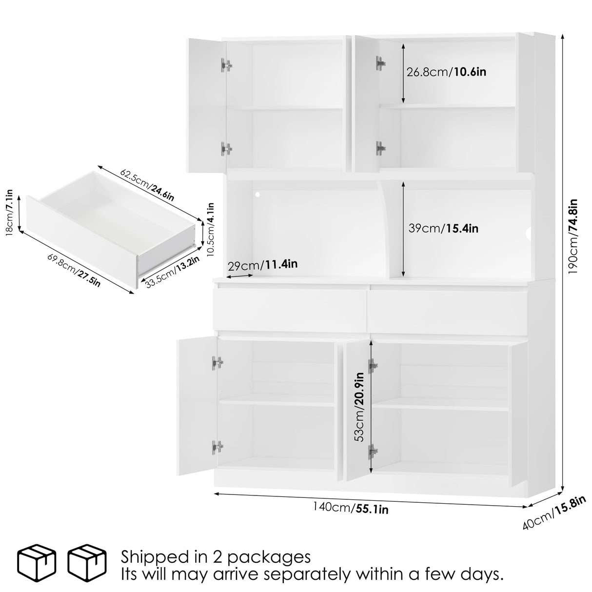 Large Hutch 75"H x 55"W Tall Kitchen Pantry with Doors and Drawers, LED Light Countertop Coffee Bar Buffet Adjustable Shelves in Storage Cabinet, Modern Freestanding Food Pantry Cupboard, White Keyluv