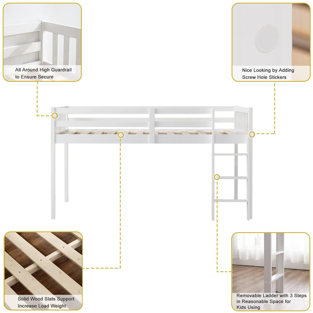 JOYMOR Low Loft Bed Twin Size, Wood Loft Bed Frame for Kids Junior Adults with Full-Length Guardrail and Ladder (Low Loft) JOYMOR