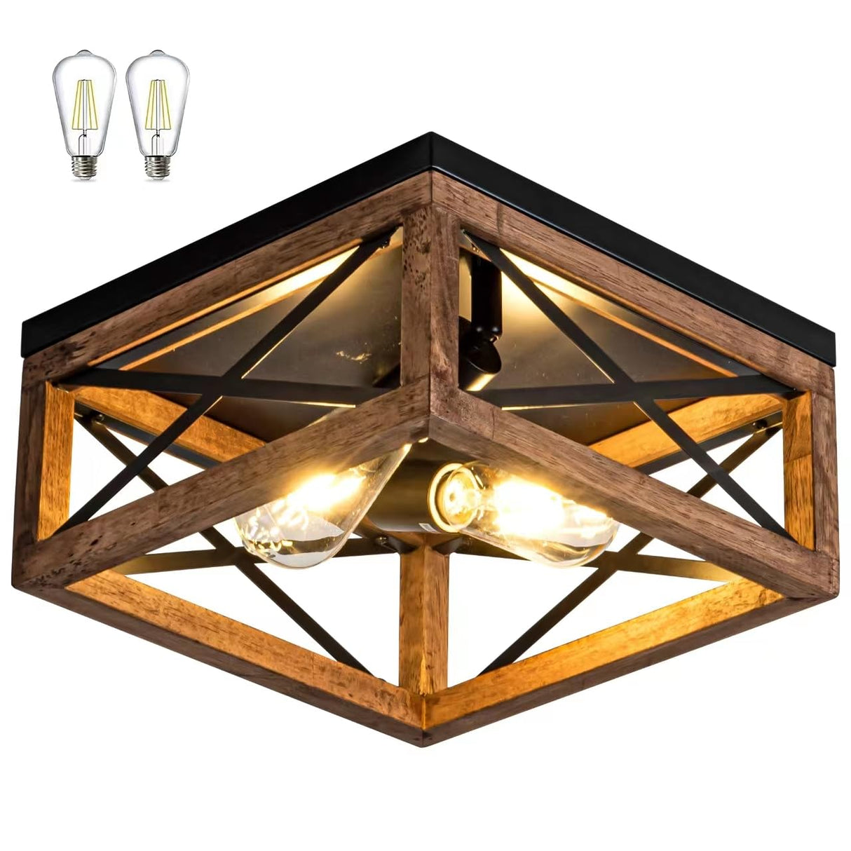 Rpzloila Flush Mount Ceiling Light Fixture for Kitchen Hallway, 2-Light Close to Ceiling Light with Black Metal and Wood Design, Rustic Farmhouse Ceiling Rpzloila