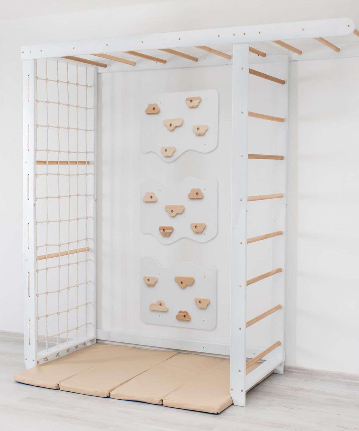 Woodandhearts Swedish Ladder Indoor Kids Gym, Montessori Play Gym Climbing Set, Wooden Indoor Playground for Toddlers with Accessories (with 3 Wall Panels, Big Bridge) Wood And Hearts