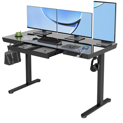 YDN Glass Standing Desk with Drawers, 55 x 24 Inch Electric Stand Up Desk with USB Ports, Adjustable Height Desk for Home Office, Black