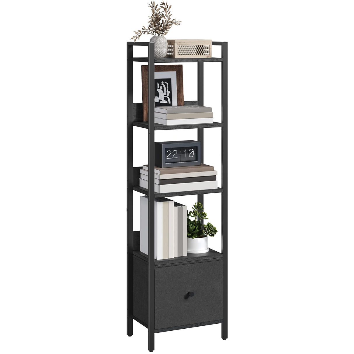 MAHANCRIS Bookshelf, 5-Tier Bookcase with Drawer, Small Book Shelf for Small Space, Storage Shelf Organizer, for Living Room, Bedroom, Study, Kitchen, Black BKHB55101 MAHANCRIS