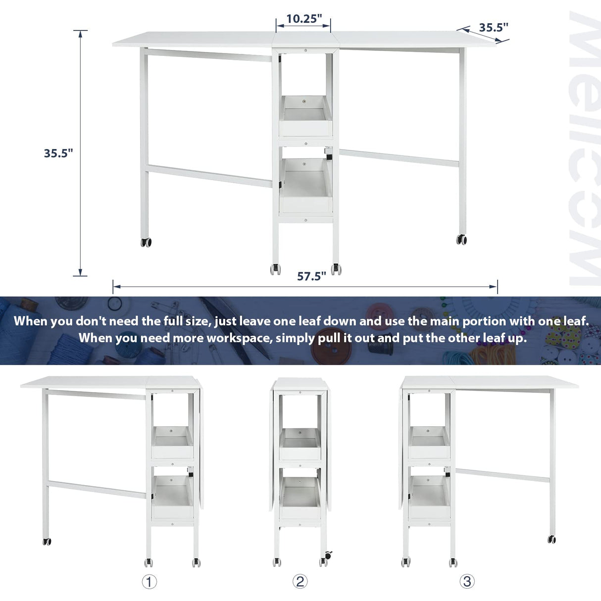 MELLCOM Home Hobby Craft Table with Storage Shelves, Mobile Folding Cutting Table for Large Fabric, Foldable Table for Home Office Sewing Room Craft Room, Fixed Height 35.5in MELLCOM