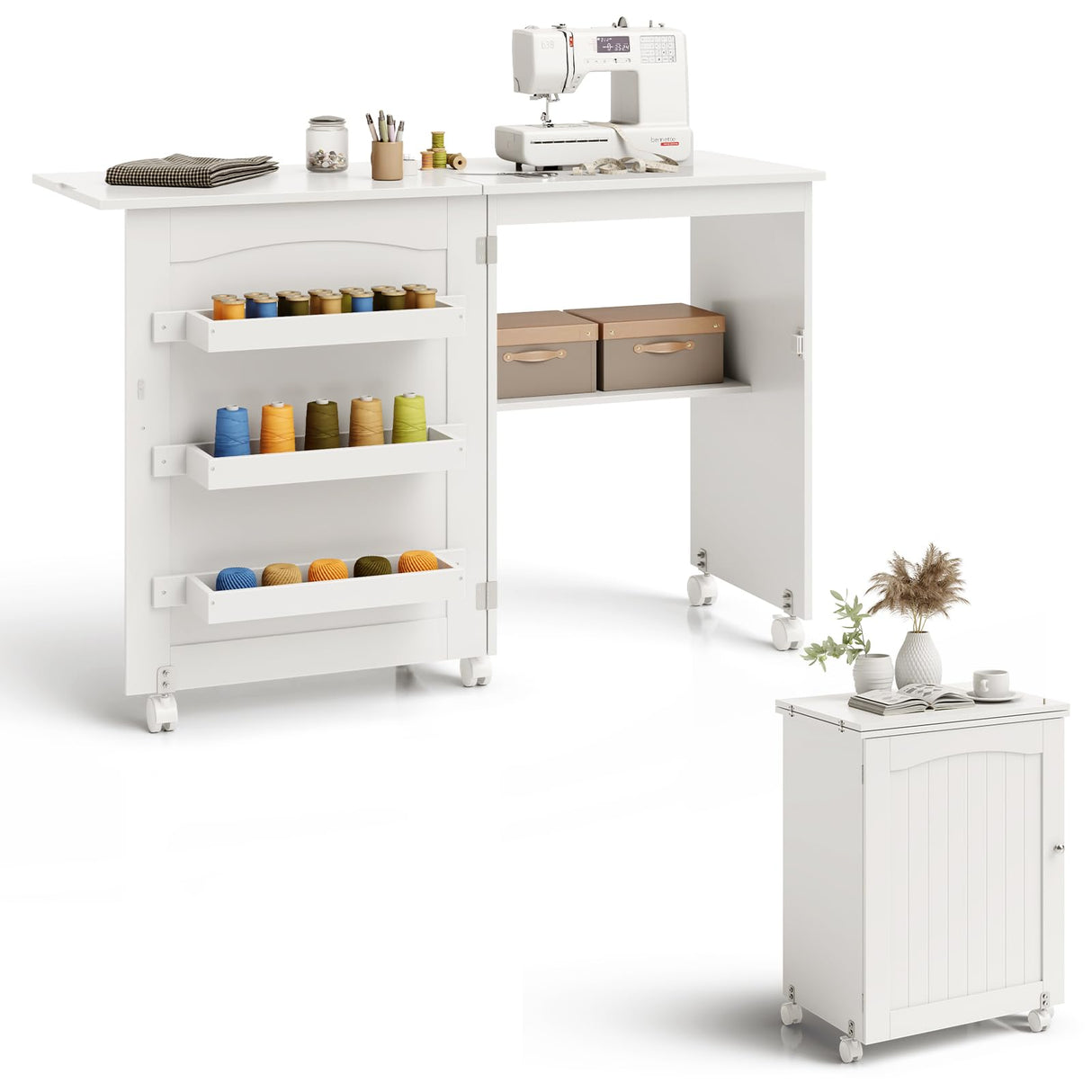 COSTWAY Folding Sewing Table, Multipurpose Craft Station Desk, Display Cabinet with Shelves Storage, Lockable Wheels, Rolling Sewing Machine Desk for Home Apartment, White COSTWAY