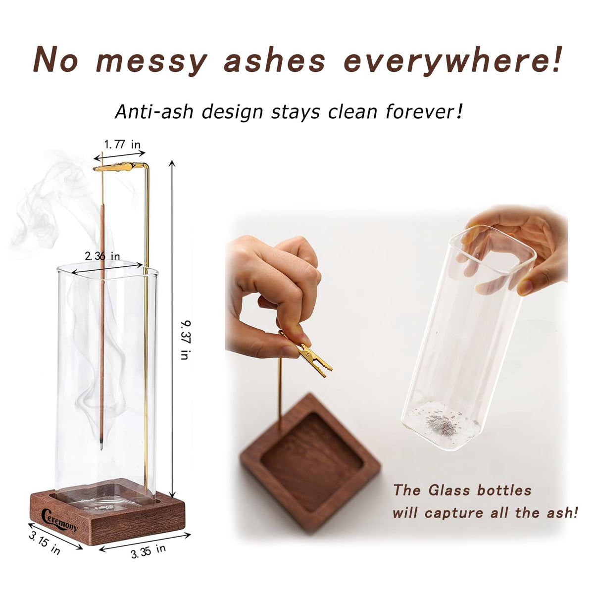 Ceremony Incense Holder, Wooden Incense Holder for Sticks with Glass Ash Catcher, Anti-ash Incense Burner with 20 Incense Sticks and a Ash Brush for Meditation Yoga Spa Room Decor CEREMONY