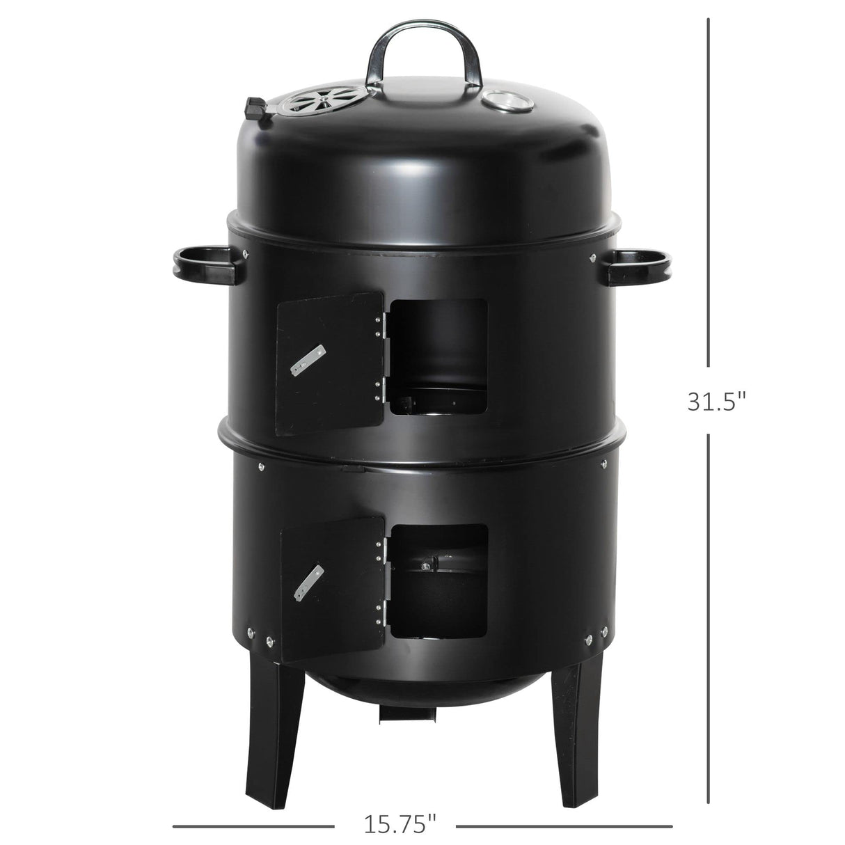 Outsunny Vertical Charcoal BBQ Smoker, 3-in-1 16" Round Charcoal Barbecue Grill with 2 Cooking Area, and Thermometer for Outdoor Camping Picnic Backyard Cooking, Black Outsunny