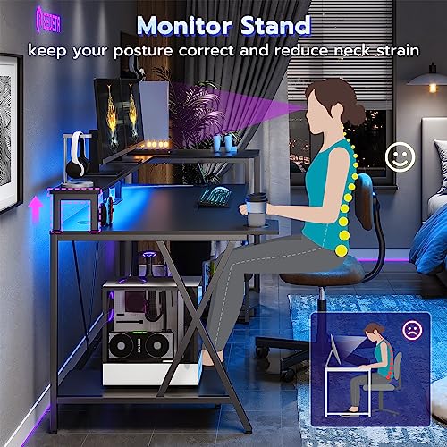 SEDETA Gaming Desk 70.8'' with LED Lights and Storage Shelves, Computer Desk with Monitor Stand, Power Outlets and Cup Holder, Large PC Gamer Desk, Gaming Table for Bedroom, Living Room, Black SEDETA