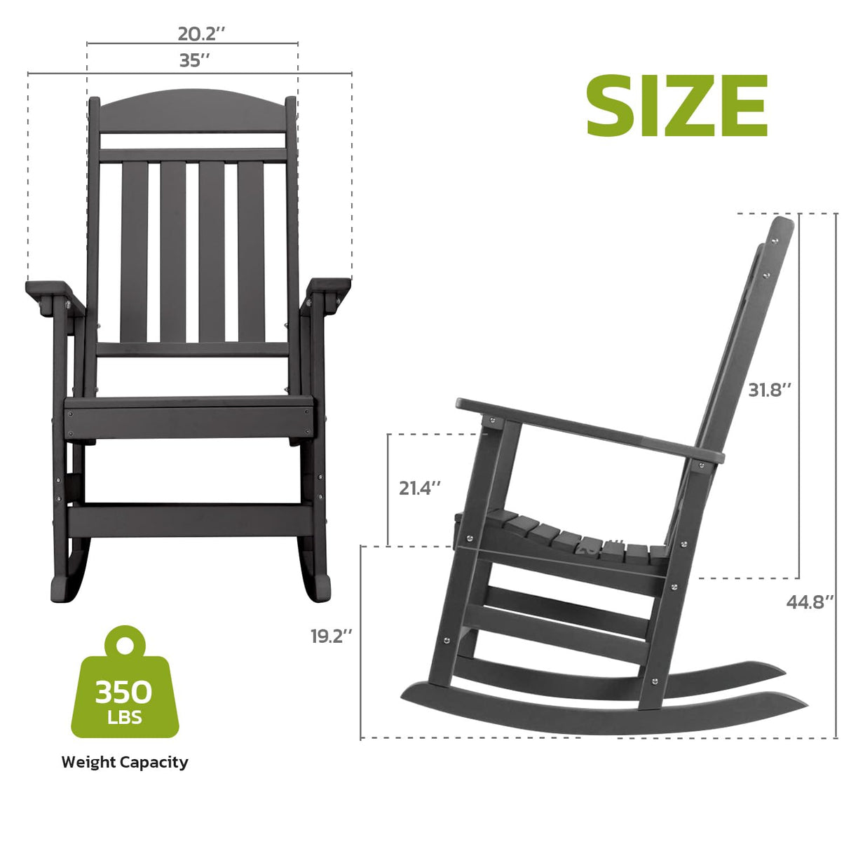 FOOWIN Patio Rocking Chairs,HDPE High Back Porch Rocker,All Weather Resistant Poly Lumber Outdoor Porch Rocker, Rocking Chairs for Outdoor, Indoor, Patio, Deck, Garden (Set of 2, Black) FOOWIN