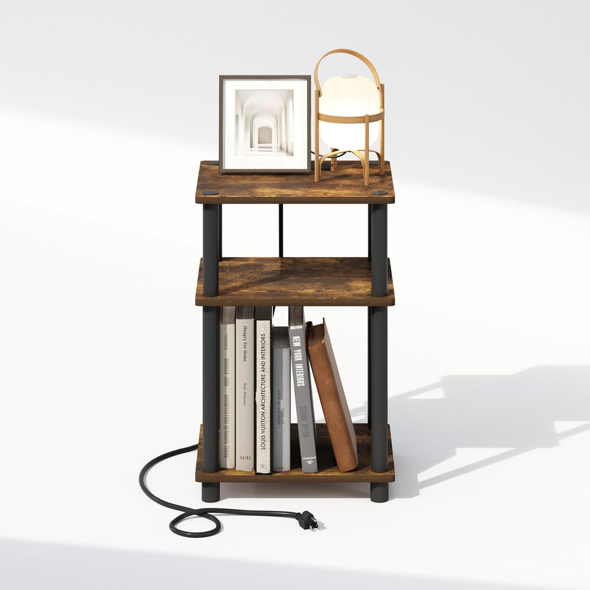 Furinno Just 3-Tier Turn-N-Tube Open Storage Nighstand, Bedside Table with USB and Type-C Charging Station, Amber Pine/Black Furinno