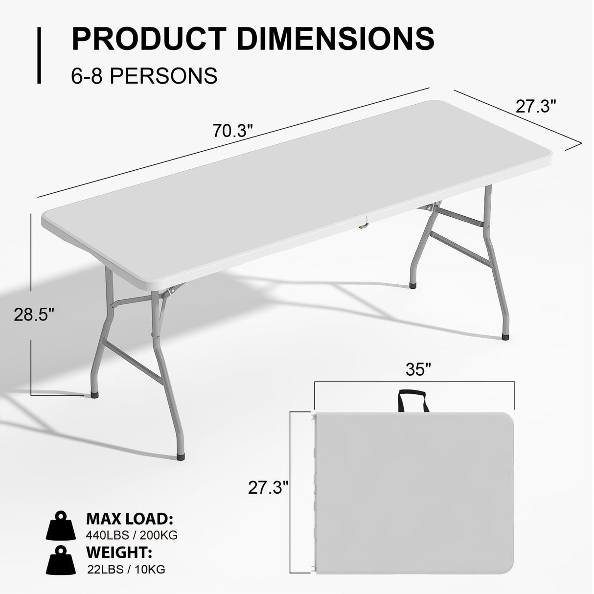 TRINEAR 6FT Folding Table, Portable Plastic Folding Table, Folding Dining Table with Carrying Handle, Party Table Easy Folding and Storage, for Indoor or Outdoor Use TRINEAR